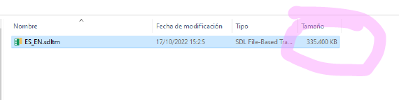 Screenshot showing a file named 'ES_EN.sdltm' with a size of 335,400 KB highlighted in a file explorer window.
