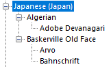 Trados Studio font mapping interface showing Japanese (Japan) language with Algerian as the target font, Adobe Devangari, Arvo, and Bahnschrift as source fonts.