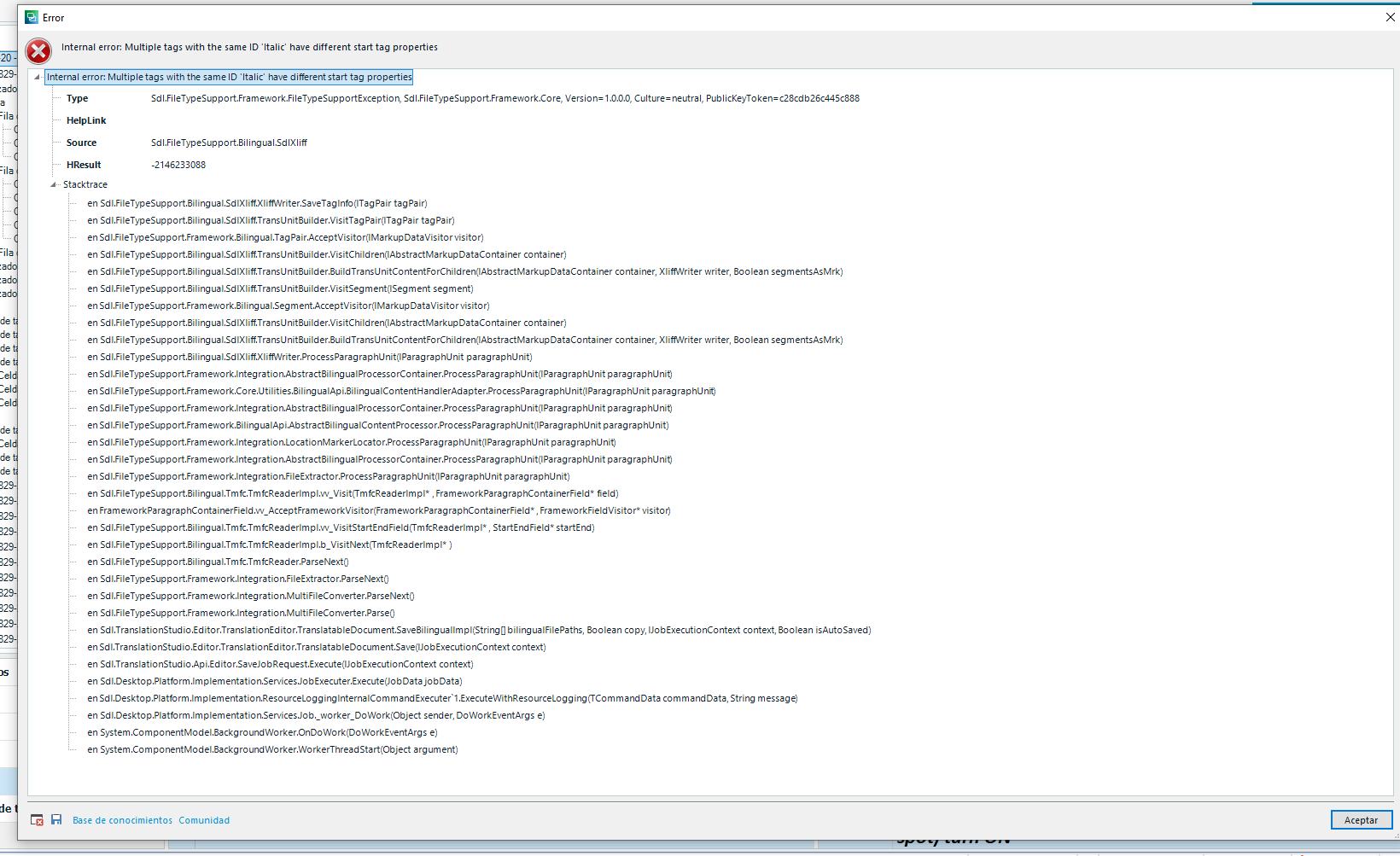 Error dialog box in Trados Studio showing 'Internal error: Multiple tags with the same ID 'Italic' have different start tag properties' with a detailed stack trace of the error.