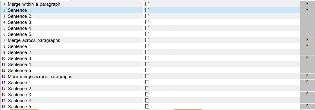 Trados Studio interface showing multiple sentences with checkboxes, highlighting the ability to merge within a paragraph.