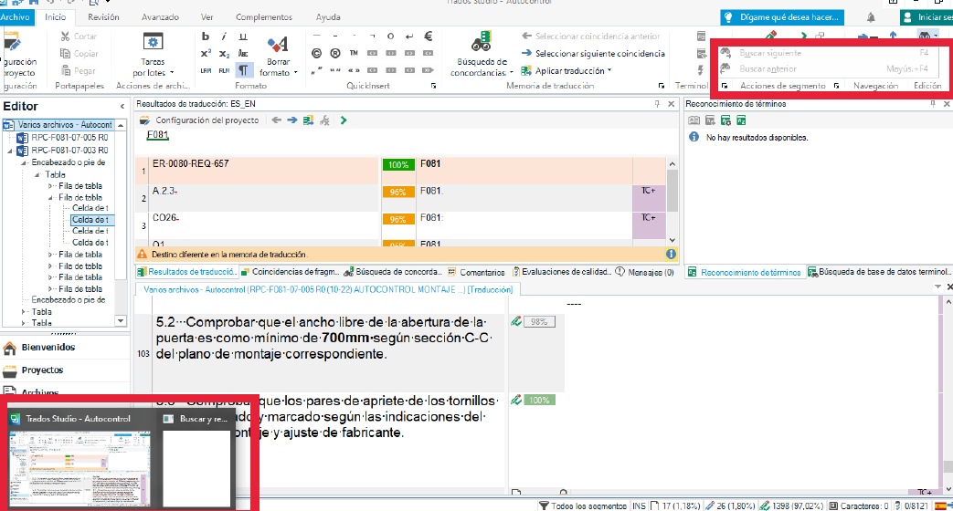 Screenshot of Trados Studio with a hidden window issue. The 'Find and replace' option is greyed out and unavailable in the Home tab. Translation results are displayed with varying match percentages.