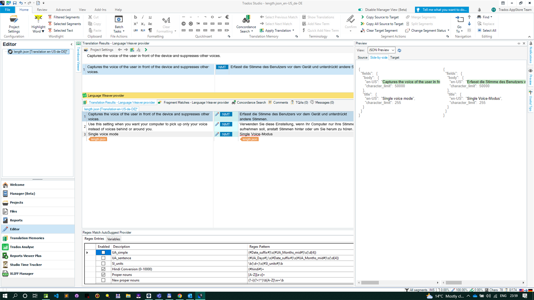 Screenshot of Trados Studio interface showing the Editor workspace with a translation segment selected. The preview pane on the right displays JSON code with character limits.