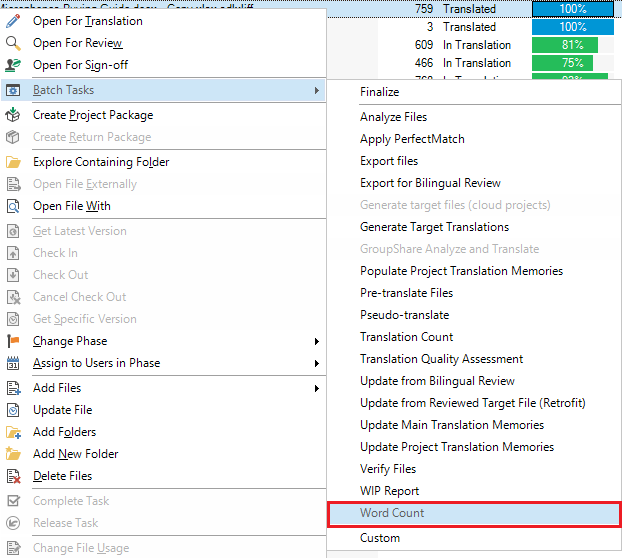 Trados Studio screenshot showing Batch Tasks menu expanded with Word Count option highlighted in red.