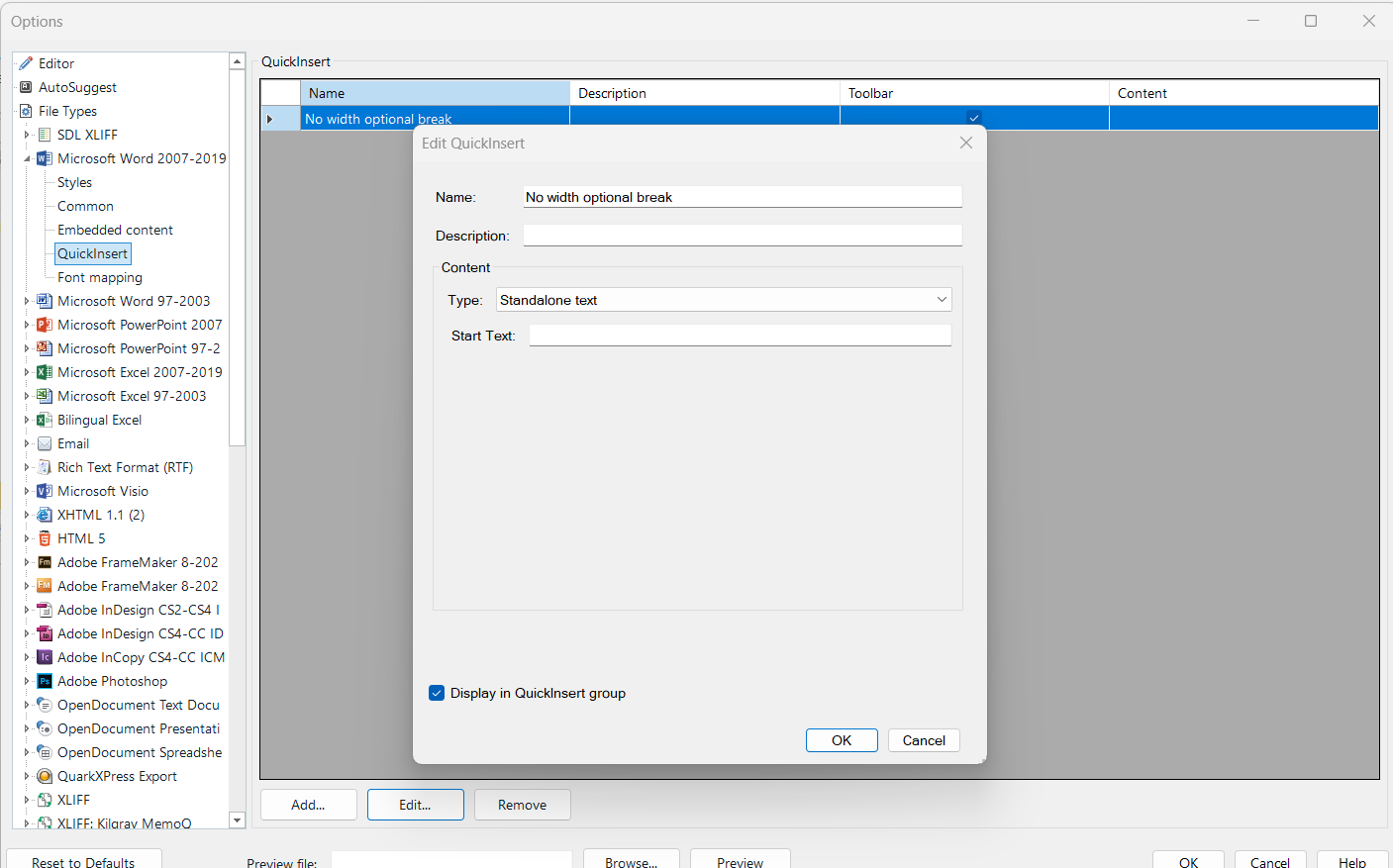 Trados Studio Options window showing QuickInsert settings for 'No width optional break' with empty fields for description and start text.