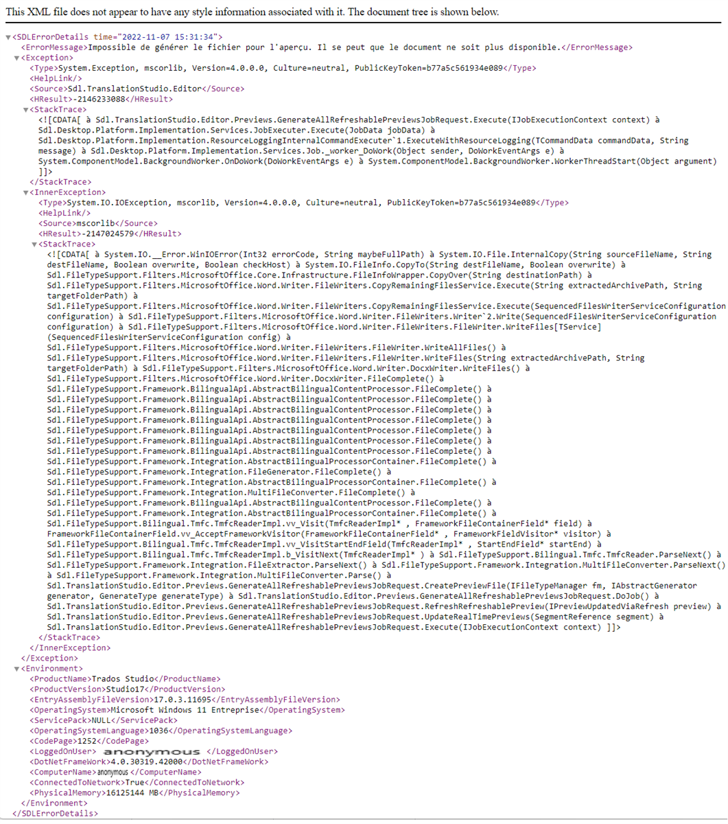 Screenshot of Trados Studio error stack with a message 'This XML file does not appear to have any style information associated with it. The document tree is shown below.' followed by error details including 'System.Exception' and 'IOException'.