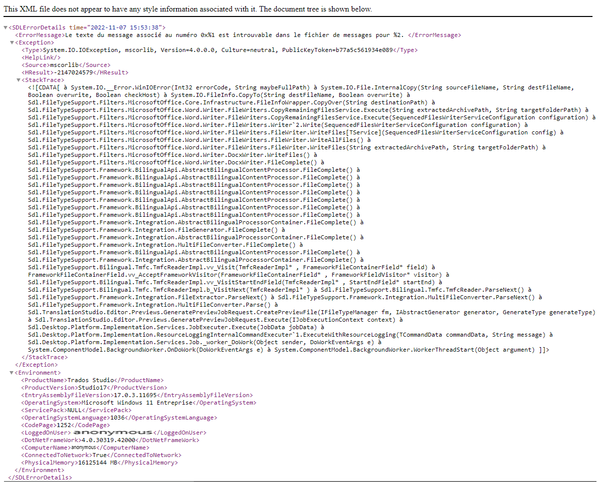 XML error details showing a stack trace with multiple file paths and error codes related to Trados Studio file type support and framework integration.