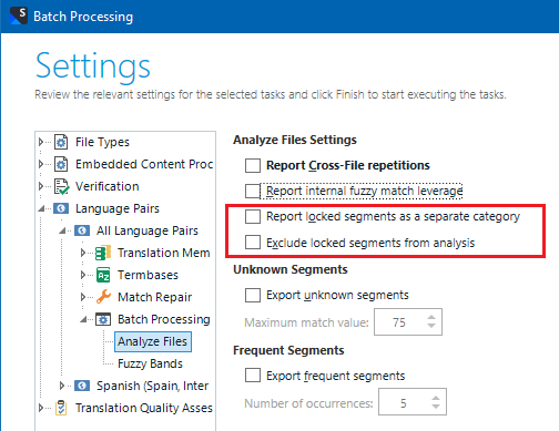 Trados Studio settings showing 'Analyze Files' with options 'Report locked segments as a separate category' checked and 'Exclude locked segments from analysis' unchecked.