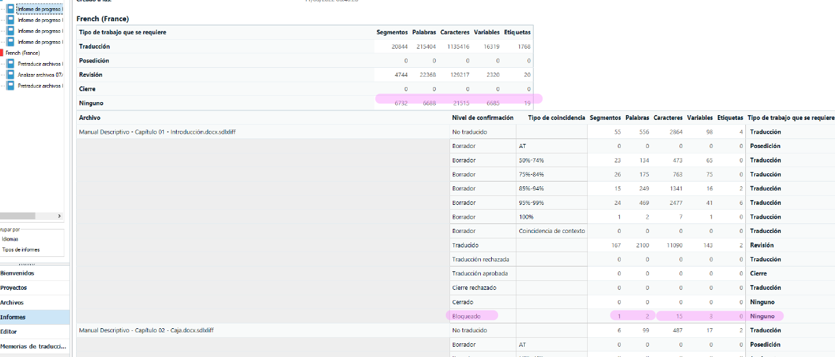 Screenshot of Trados Studio showing a project analysis with columns for Segments, Words, Characters, Variables, and Tags. The 'Ninguno' category has 6732 segments and 21515 words highlighted.
