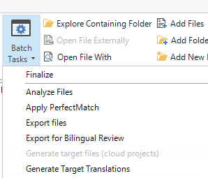 Trados Studio screenshot showing the Batch Tasks menu with 'Analyze Files' option highlighted.