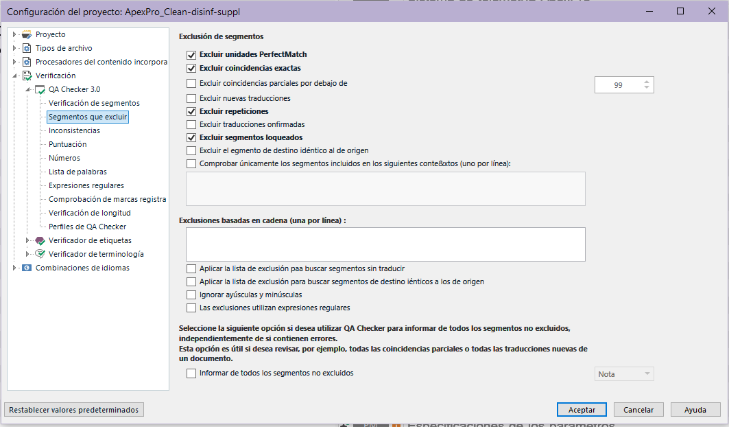 Trados Studio project settings window showing segment exclusion options with no visible errors.