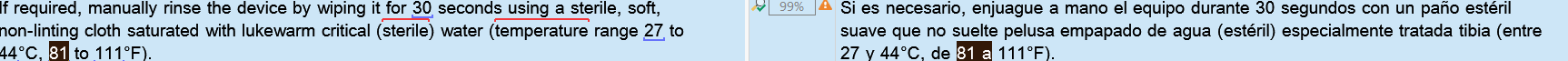 Screenshot showing Trados Studio interface with a segment comparison. Source text includes '30 seconds' and '27 to 44 C', while target text shows '30 segundos' and '27 y 44 C'. Error indicators highlight discrepancies in numbers.