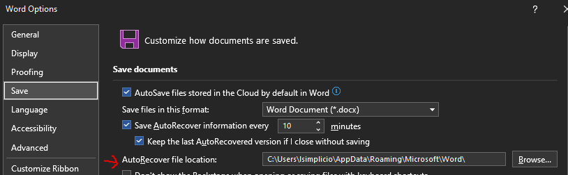 Microsoft Word Options menu highlighting the 'Save' section with 'AutoSave' and 'AutoRecover' options enabled, including file location for AutoRecover.