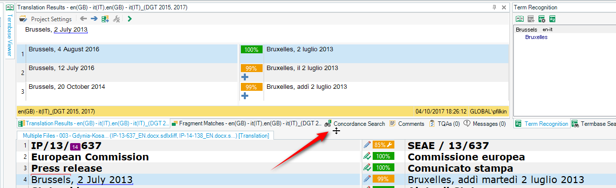Screenshot of Trados Studio interface showing Translation Results pane with a red arrow pointing to the divider line indicating where to click and drag to resize the pane.