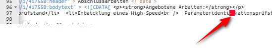 Screenshot showing an XML file in an editor with a red arrow pointing to an illegal character at line 97, position 154.