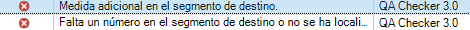 Screenshot showing two error messages in Trados Studio QA Checker 3.0. The first error states 'Medida adicional en el segmento de destino.' The second error states 'Falta un numero en el segmento de destino o no se ha localizado.'