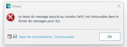 Error dialog box in Trados Studio with a message in French indicating that the text associated with error number 0x1 is not found in the message file for %2.