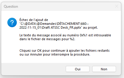Error message in Trados Studio during project creation stating 'Failure to add file to project. The text associated with error number 0x%1 is not found in the message file for %2. Click OK to continue adding remaining files or Cancel to stop the procedure.' with Yes and No buttons.