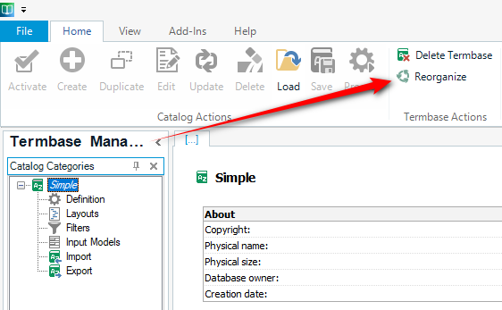 Trados Studio screenshot showing the Termbase Management window with options like Create, Duplicate, Edit, Update, Delete, Load, Save, and Reorganize highlighted.