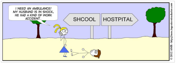 Cartoon showing a character calling for an ambulance due to a work accident, with misspelled 'SHCOOL' sign instead of 'SCHOOL'.