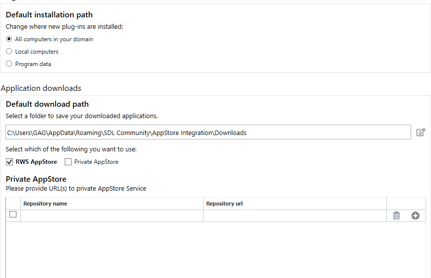 Trados Studio settings showing Default installation path options with 'All computers in your domain' selected. Application downloads section with Default download path set to a user's AppData folder and RWS AppStore checked.