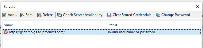 Trados Studio server setup window showing an error message 'Invalid user name or password' next to the server address 'https:gsdemo.gs.sdlproducts.com'.