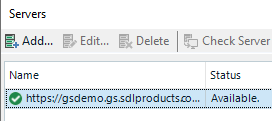 Trados Studio server list showing one server with the name 'https:gsdemo.gs.sdlproducts.com' and status 'Available'.