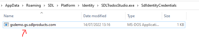 File Explorer window with a path leading to 'SdlIdentityCredentials' showing one file named 'gsdemo.gs.sdlproducts.com' last modified on '14072022 13:16' with a size of '1 KB'. A red arrow points to the file.