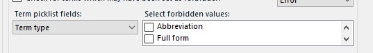 Trados Studio term picklist fields with 'Term type' dropdown menu and options for 'Abbreviation' and 'Full form'