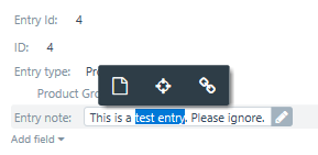 Trados Studio termbase entry with Entry Id 4 showing a note 'This is a test entry. Please ignore.'