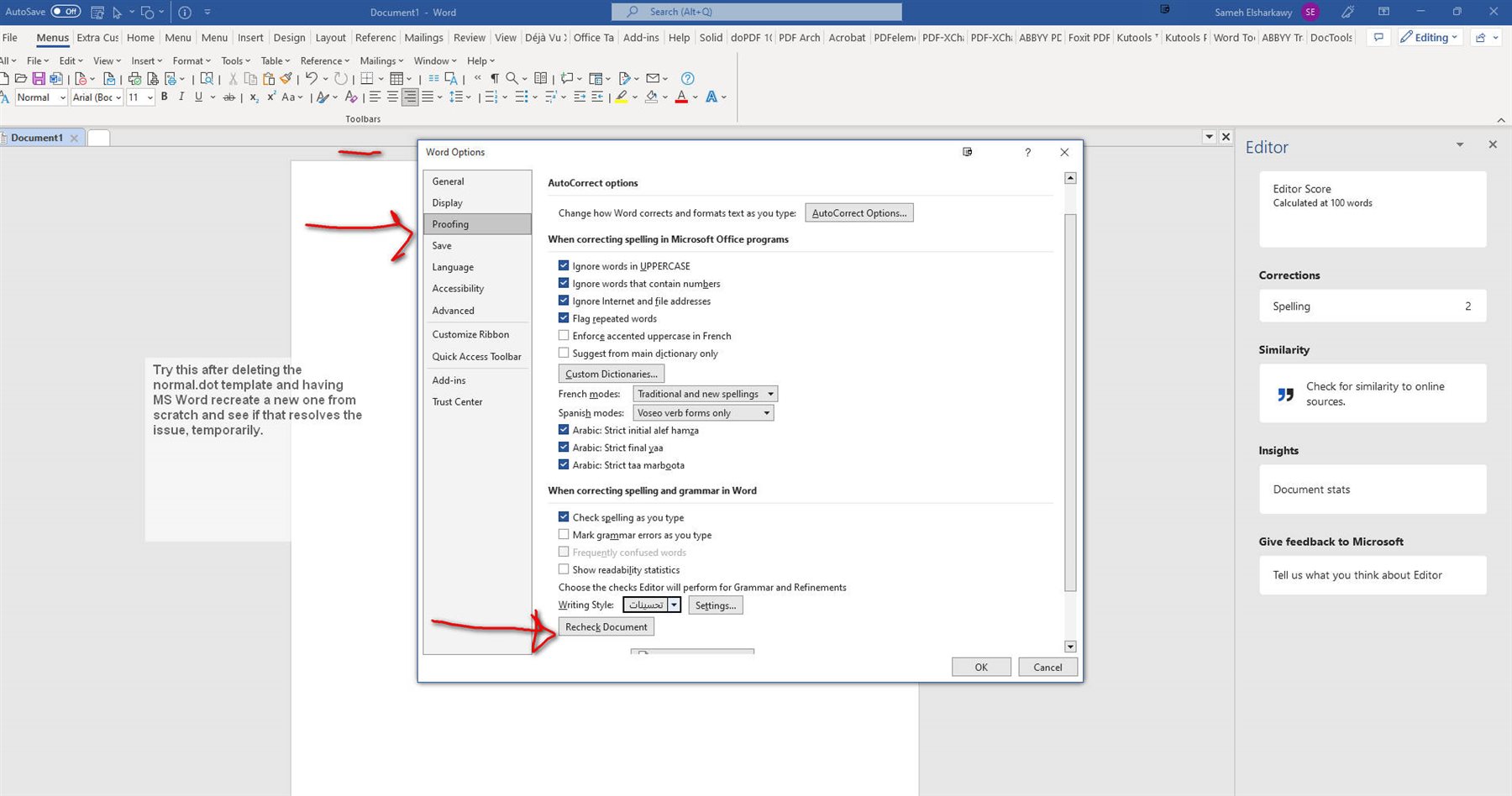 Screenshot of Microsoft Word with a message suggesting to delete the normal.dot template to resolve an issue, with red arrows pointing to 'Proofing' settings and 'Recheck Document' button.