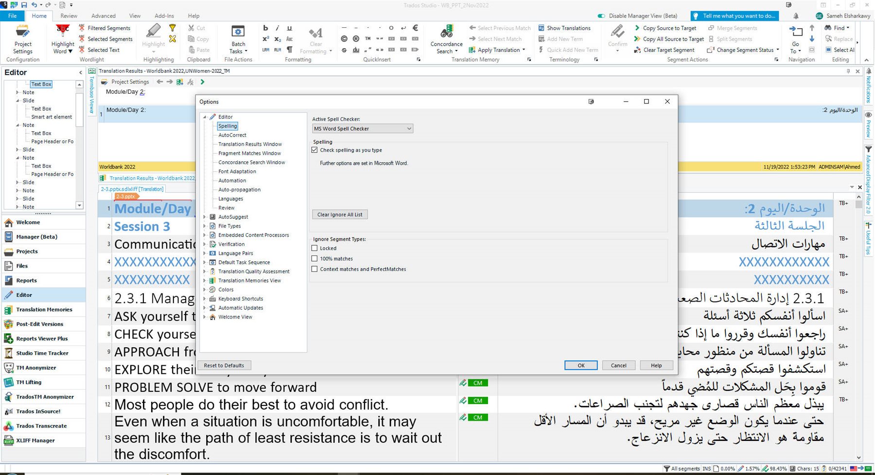 Screenshot of Trados Studio interface showing the Editor window with a document open, displaying both source and target segments. The Translation Results pane is visible on the right, with a list of suggested translations.