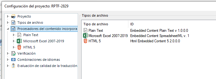 Screenshot of Trados Studio project configuration showing file types with 'Microsoft Excel 2007-2019' checked and an error icon next to it.
