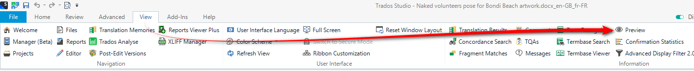 Close-up of Trados Studio's top menu with the 'View' tab selected, showing various options including 'Preview' highlighted by a red arrow.