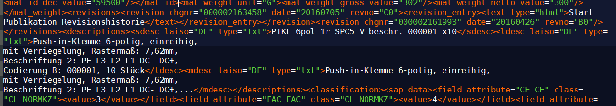 Screenshot of an XML code snippet from Trados Studio showing material ID, weight, and revision entries with dates and descriptions in German for a push-in clamp product. No visible errors or warnings.
