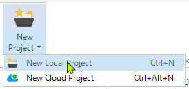 Dropdown menu in Trados Studio showing options for 'New Project' with a cursor hovering over 'New Local Project'.