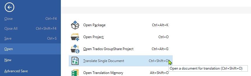 Trados Studio menu with various options including 'Open Package', 'Open Project', and 'Translate Single Document' highlighted.
