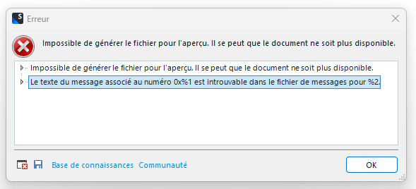 Error message in Trados Studio stating 'Impossible de generer le fichier pour l'apercu' and 'Le texte du message associe au numero 0x%1 est introuvable dans le fichier de messages pour %2'.