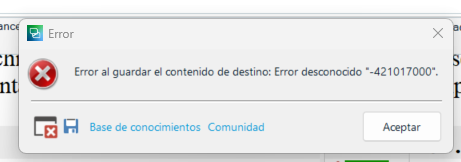 Trados Studio error message dialog box displaying 'Error al guardar el contenido de destino: Error desconocido -421071000'. Options below include 'Base de conocimientos' and 'Comunidad' buttons, and an 'Aceptar' button.