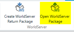 Trados Studio ribbon section showing two buttons: 'Create WorldServer Return Package' and highlighted 'Open WorldServer Package'.