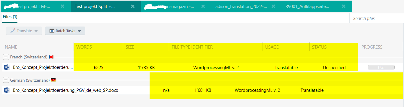 Screenshot of Trados Studio showing two target languages, French (Switzerland) and German (Switzerland), with mismatched column sizes. The 'WORDS' and 'SIZE' columns for French are wider than those for German.