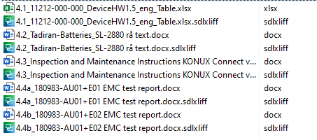 Screenshot of file manager displaying a list of .sdlxliff and .doc files with varying sizes, indicating different content in source and target files.