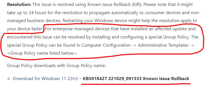 Screenshot of a resolution guide highlighting the Known Issue Rollback (KIR) for Windows 11 22H2 update with Group Policy download link.