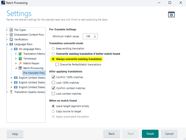 Trados Studio settings window showing Pre-Translate Settings with 'Always overwrite existing translation' option selected.
