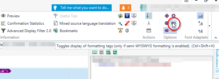 Trados Studio screenshot showing the 'View' tab with an icon highlighted indicating the toggle for display of formatting tags.