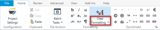 Trados Studio screenshot showing the 'Home' tab with 'Clear Formatting' button highlighted in the ribbon.