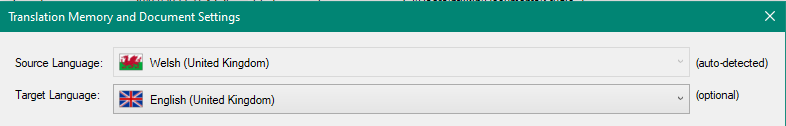 Trados Studio dialog showing Translation Memory and Document Settings with Source Language set to Welsh (United Kingdom) and Target Language set to English (United Kingdom).