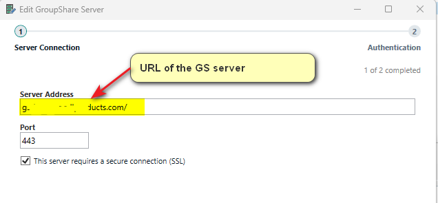 Trados Studio Edit GroupShare Server window showing Server Connection tab with a highlighted field for Server Address and a red arrow pointing to the URL of the GS server.
