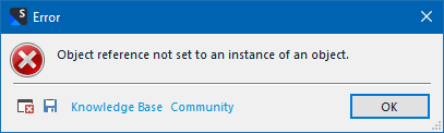 Error dialog box in Trados Studio displaying 'Object reference not set to an instance of an object.' with Knowledge Base and Community links and an OK button.