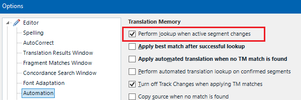 Trados Studio Options dialog showing Editor settings with a red box highlighting the checked 'Perform lookup when active segment changes' option under Translation Memory.