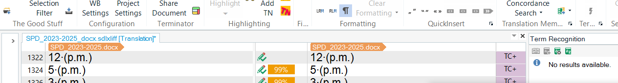 Screenshot of Trados Studio interface showing a segment with the term '12: (p.m.)' highlighted but the Term Recognition pane displays 'No results available'.
